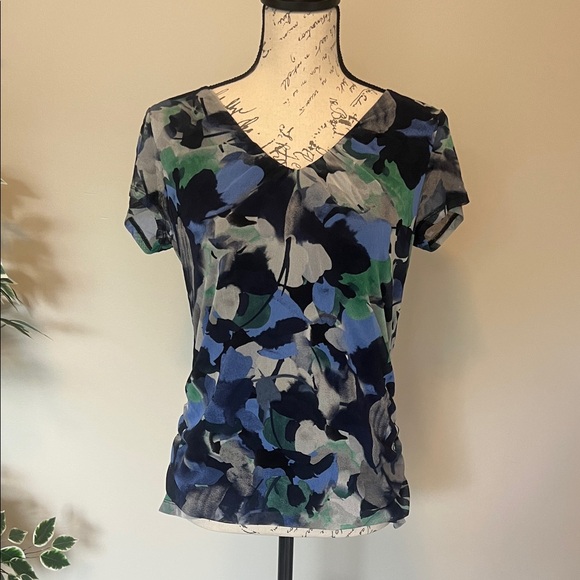 212 Collection Abstract Floral V-Neck Top - Blue and Green - Picture 1 of 6